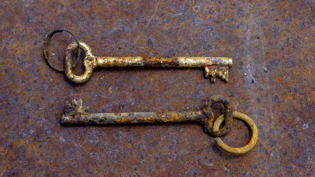 istock 2 old rusty keys on ring shot on steel textured background. Copy space. 1309694574
