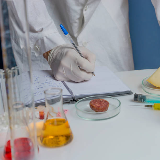 istock Laboratory assistant at the workplace makes notes in a notebook. Laboratory procedure for food safety, analysis of food products from the market. 1309694644