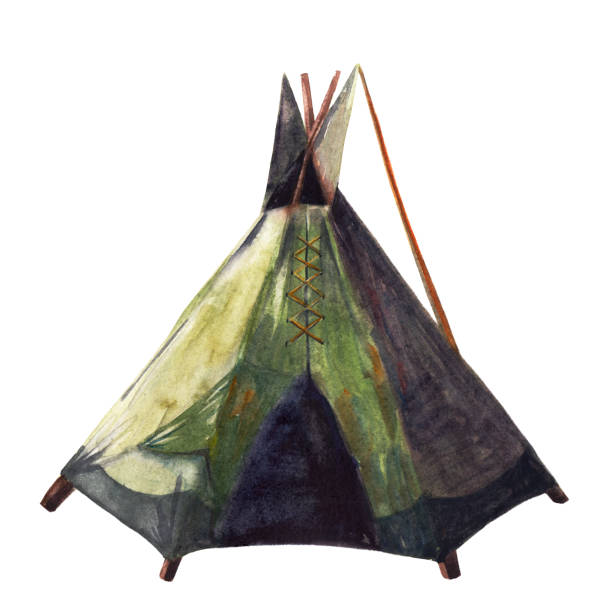 istock Vintage tent, green tipi. Authentic Indian residence. Watercolor hand drawn illustration isolated object. 1309694768