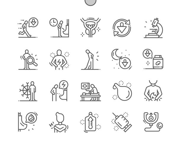 ilustraciones, imágenes clip art, dibujos animados e iconos de stock de prostatitis. visitas al baño. tratamiento de prostatitis. diagnóstico, dolor, problema, micción y urología. atención médica, médica y medicina. iconos de línea delgada vectorial perfecto de píxeles. pictograma mínimo simple - orina