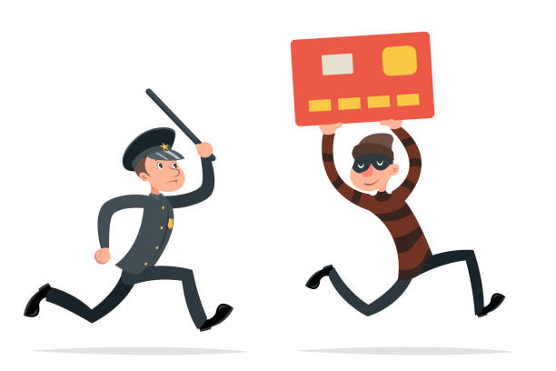 illustrations, cliparts, dessins animés et icônes de les données de carte de crédit volent le voleur échappent à la police d’internet courent rattraper l’illustration rétro de vecteur de conception de dessin animé de caractère - violence police catching stealing