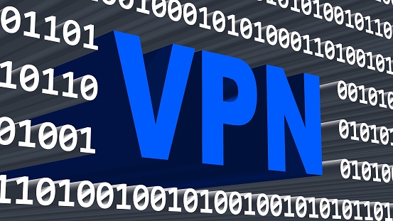 VPN lettering in blue integrated into a binary code screen made of white digits - internet or network security concept - 3D illustration
