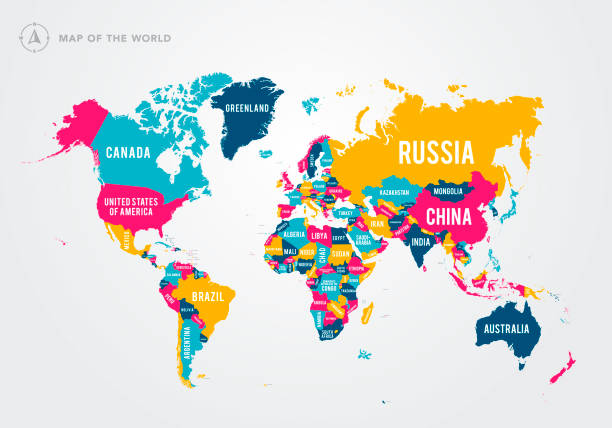 ilustraciones, imágenes clip art, dibujos animados e iconos de stock de ilustración vectorial mapa colorido del mundo con nombres de países - world map