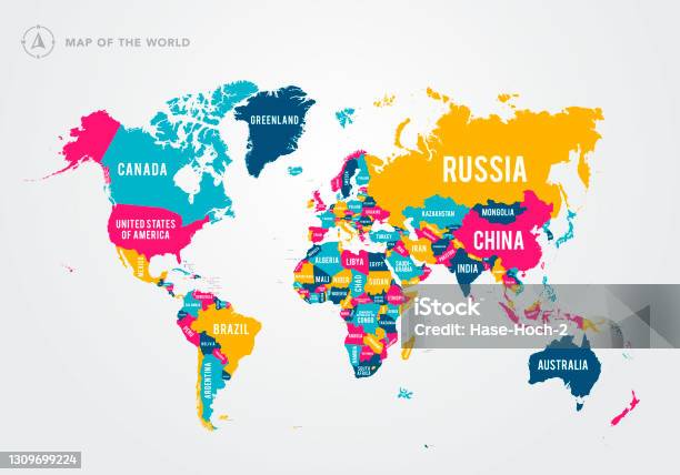 Carte Colorée Dillustration De Vecteur Du Monde Avec Des Noms De Pays Vecteurs libres de droits et plus d'images vectorielles de Planisphère