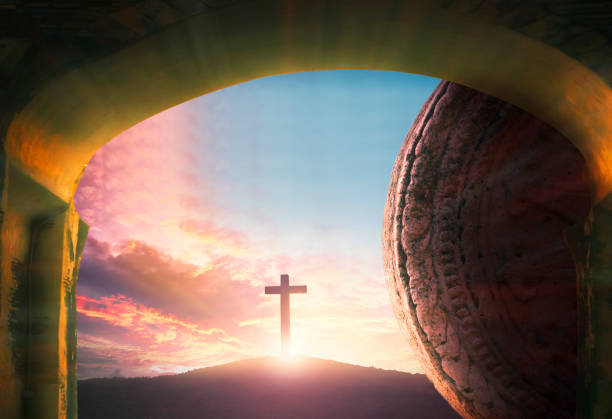 istock Easter concept: Tomb Empty With Crucifixion At Sunrise 1309699474