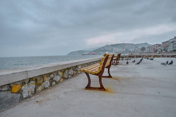 28.02.2021. Bursa turkey. Mudanya bursa during overcast weather and cloudy day with street bench exposed to corrosion metal side of bench with doves and pigeons concrete ground.