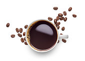 istock Black coffee and coffee beans on white background - flat lay 1309700785