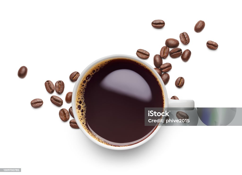 Black coffee and coffee beans on white background - flat lay Coffee - Drink Stock Photo