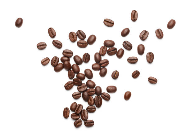 granos de café sobre fondo blanco - tendido plano - coffee beans fotografías e imágenes de stock