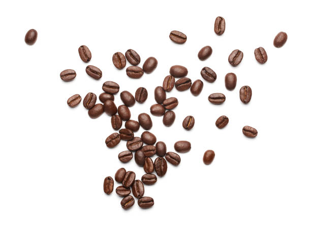 白い背景の上にコーヒー豆 - フラットレイ - coffee beans ストックフォトと画像