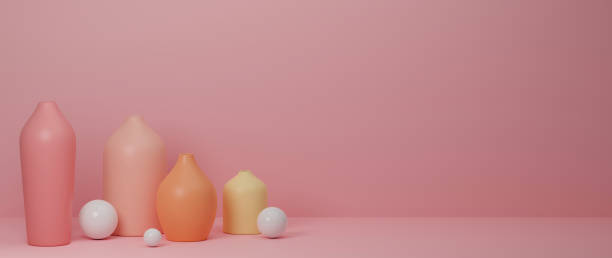 istock 3D rendering, pink home decorated ceramics vases and pot on pink background with copy space 1309704474