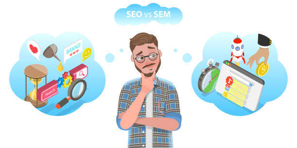 ilustrações de stock, clip art, desenhos animados e ícones de vector conceptual illustration of seo vs sem. - content sharing backgrounds computer icon