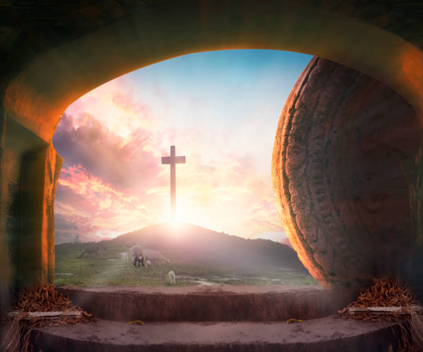 istock Easter concept: Tomb Empty and Lamb With Crucifixion At Sunrise 1309704864
