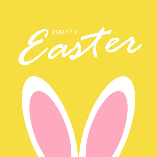 ilustrações de stock, clip art, desenhos animados e ícones de happy easter, vector greeting banner with lettering and bunny ears on yellow background. stock illustration eps 10 - easter egg pastel colored text easter