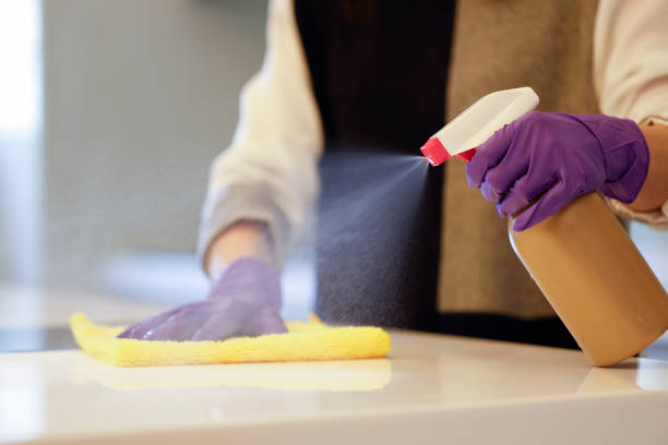 istock Woman wearing gloves cleaning desktop 1309707454