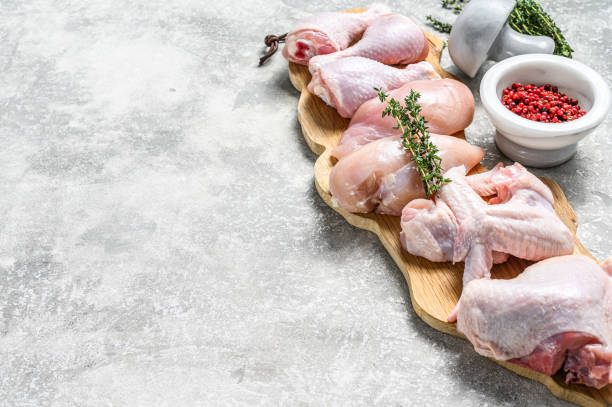 istock Different types of raw chicken meat, poultry. Gray background. Top view. Copy space 1309708152