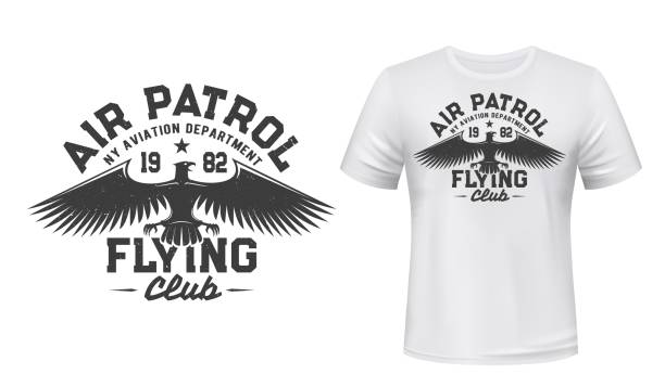 Eagle flying club t-shirt print mockup, air patrol and aviation department vector badge. Gothic eagle and star symbol of aviators club and airplane pilots academy for t shirt print