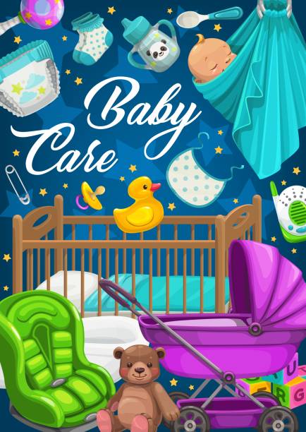 ilustrações de stock, clip art, desenhos animados e ícones de baby care products, clothes and toys vector - newborn animal audio