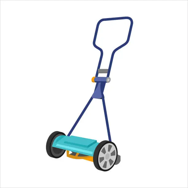 Vector illustration of Manual, mechanical Lawn Mower. Object, lawnmower, trimmer on a white background in the cartoon style. A tool for working in the garden, mowing lawns.