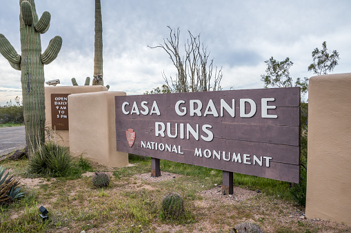 Casa Grande Ruins NM, AZ, USA - February 28, 2020: A welcoming signboard at the entry point of the preserve ruins