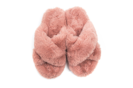 pink fluffy home women slippers supply isolated onn white background - Image