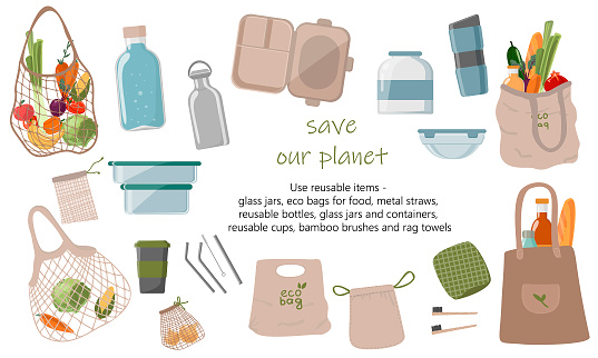 The Zero Waste collection of durable and reusable products or products - glass jars, bags for eco groceries, wooden cutlery, metal straws, comb, toothbrush, thermo mug. Flat vector illustration.