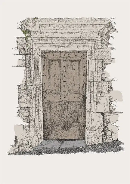 Vector illustration of French Door. Ancient Antique Wooden Doorway.