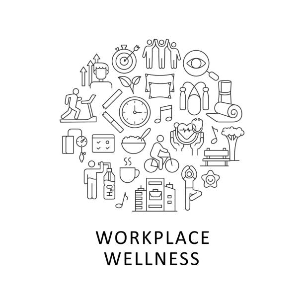 Workplace wellness abstract linear concept layout with headline Workplace wellness abstract linear concept layout with headline. Health promotion minimalistic idea. Employee wellbeing thin line graphic drawings. Isolated vector contour icons for background general manager stock illustrations