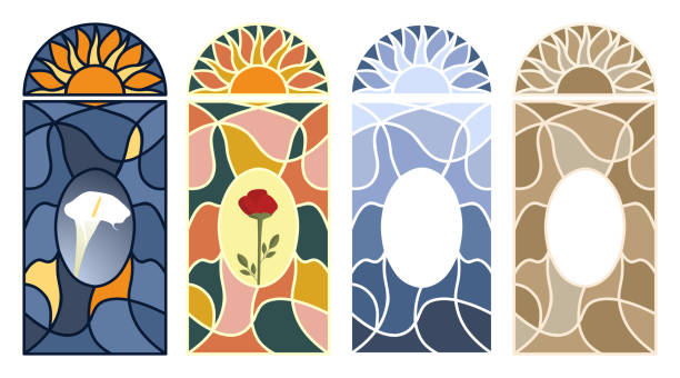 ilustraciones, imágenes clip art, dibujos animados e iconos de stock de vidriera. - stained glass church window glass