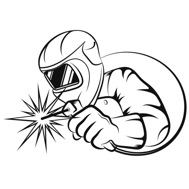 Welding machine in hand of welder silhouette Welder with welding machine at work symbol for business welder stock illustrations