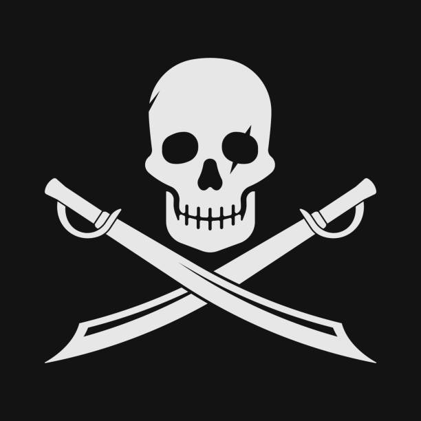 piraten schädel und klingen-symbol. vektor-illustration. - skull dirty insignia grunge stock-grafiken, -clipart, -cartoons und -symbole