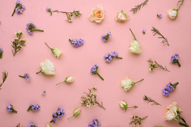 istock flower composition, roses, eustoma, limonium on pink background, flat lay, top view, spring concept 1309718980