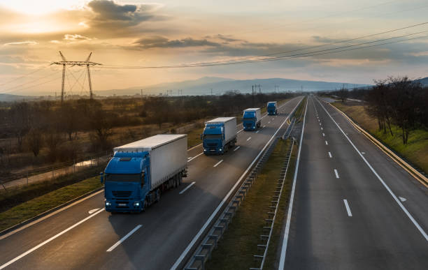 istock Convoy opf Blue Transportation trucks 1309719259