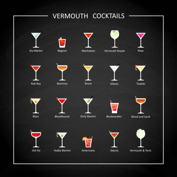 Vermouth cocktails flat icons on on black chalkboard. Vector Vermouth cocktails flat icons on on black chalkboard. Vector illustration martini royale stock illustrations