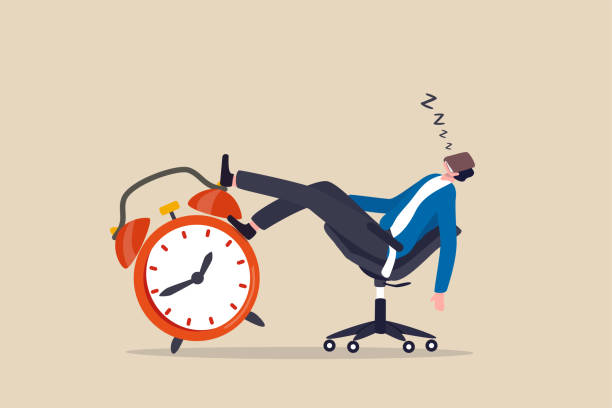 Afternoon slump, laziness and procrastination postpone work to do later, boredom and sleepy work concept, businessman sleeping lay down on office chair and alarm clock covered his face with book. Afternoon slump, laziness and procrastination postpone work to do later, boredom and sleepy work concept, businessman sleeping lay down on office chair and alarm clock covered his face with book. sleeping illustrations stock illustrations