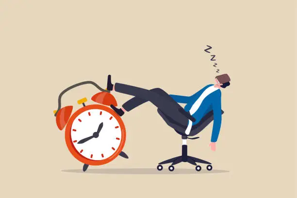 Vector illustration of Afternoon slump, laziness and procrastination postpone work to do later, boredom and sleepy work concept, businessman sleeping lay down on office chair and alarm clock covered his face with book.