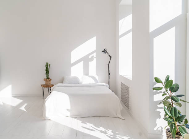 istock White and stylish sunny bedroom interior. 1309722307