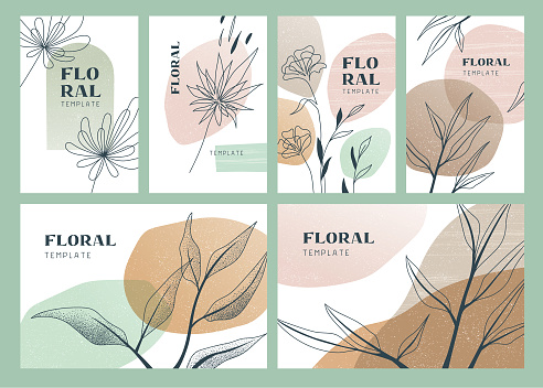 Set of modern abstract boho floral templates for various purposes with copy space.
Editable vectors on layers. This image contains transparencies.