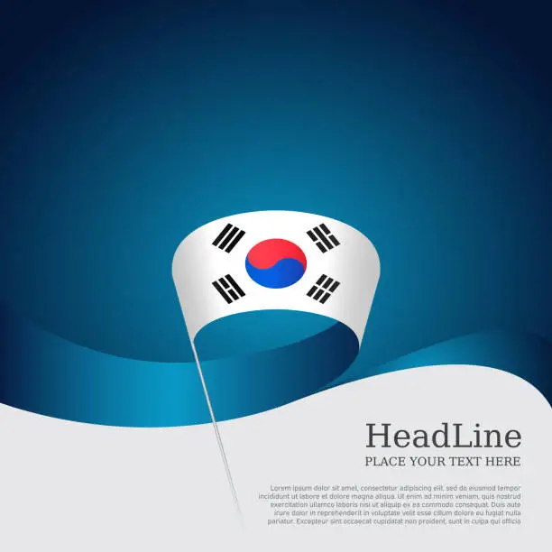 Vector illustration of South korea flag on a blue white background. Vector brochure design. Cover for business booklet. Wavy ribbon with the south korean flag. National poster. State patriotic banner, flyer