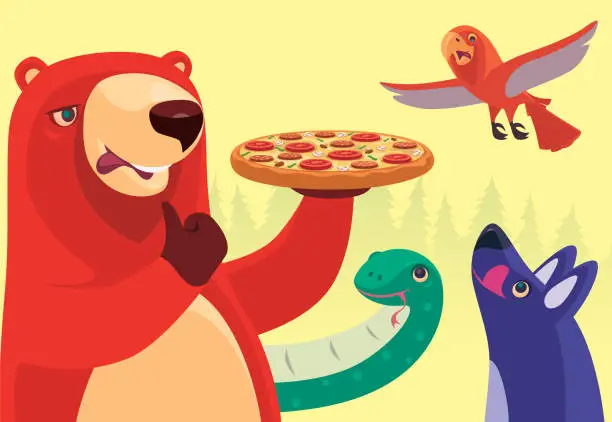 Vector illustration of bear holding pizza gesturing thumbs up