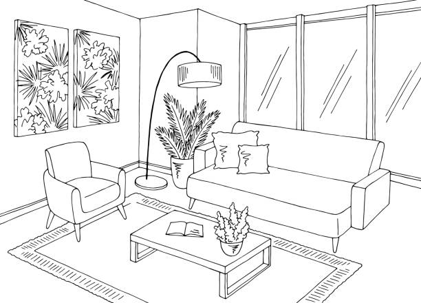 istock Living room graphic black white home interior sketch illustration vector 1309728922