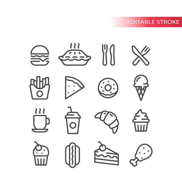 illustrations, cliparts, dessins animés et icônes de burger, hot dog, gâteau, symboles frites, trait modifiable - cream ice symbol french fries