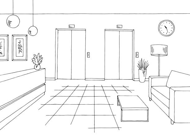 hotel recepcja lobby wnętrze grafika czarny biały szkic ilustracji wektor - hotel reception hotel lobby service stock illustrations