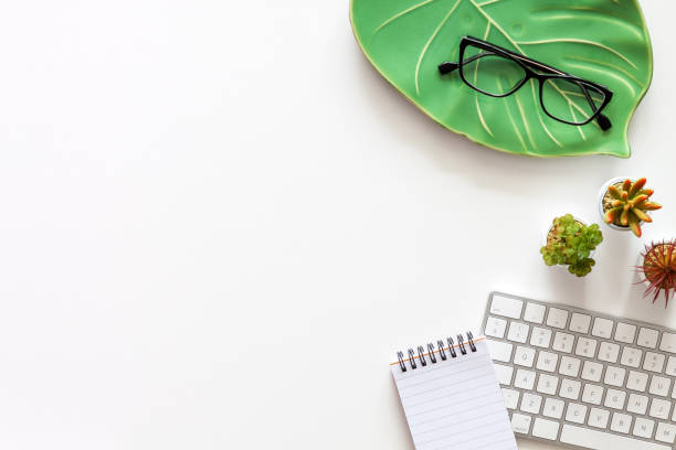 White home desk with Monstera leaf and computer keyboard. Copy space.