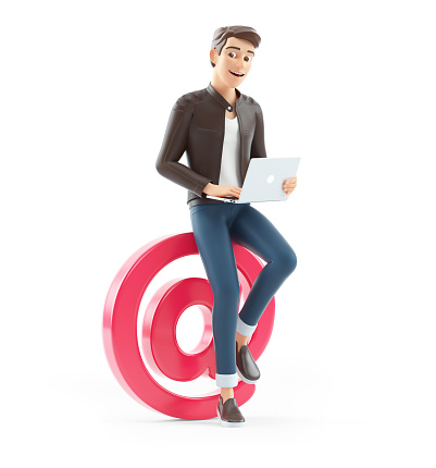 3d cartoon man working on at sign, illustration isolated on white background