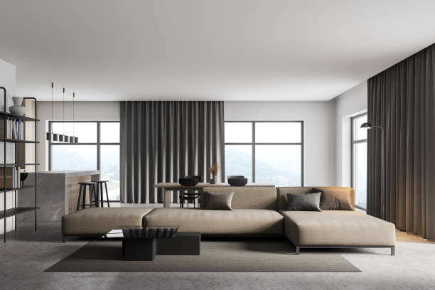 istock Sofa in kitchen room with bookshelf and eating table with window 1309731719
