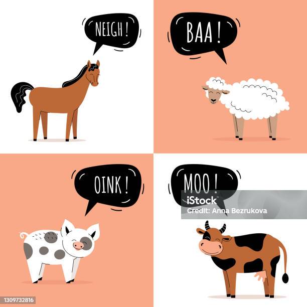 Set Of Cute Farm Animals Cow Horse Pig And Sheep Speech Bubble Childrens  Cards Childrens Teaching Flat Vector Illustration Stock Illustration -  Download Image Now - iStock