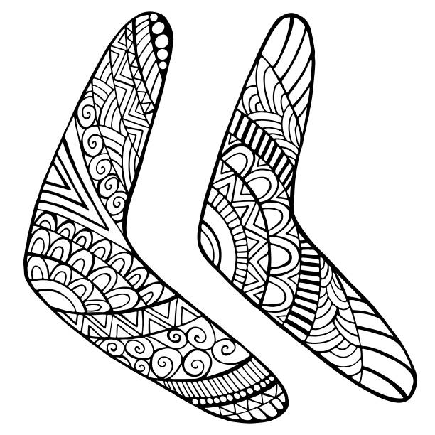 Set of native boomerang coloring page for kids and adults, isolated on white. Doodle style each boomerang with original ornament. Set of native boomerang coloring page for kids and adults, isolated on white. Doodle style each boomerang with original ornament. Boomerang primitive weapon on a white background. Vector hand drawn illustration. boomerang stock illustrations