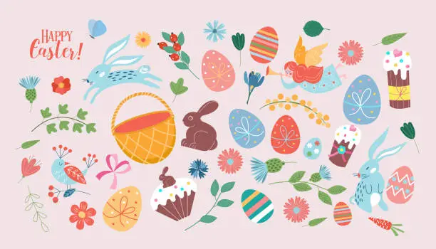 Vector illustration of Happy Easter. Vector set of cute illustration. Painted eggs, rabbits, flowers, a basket, a chocolate hare, cakes. Design elements for card, poster, flyer and other use.