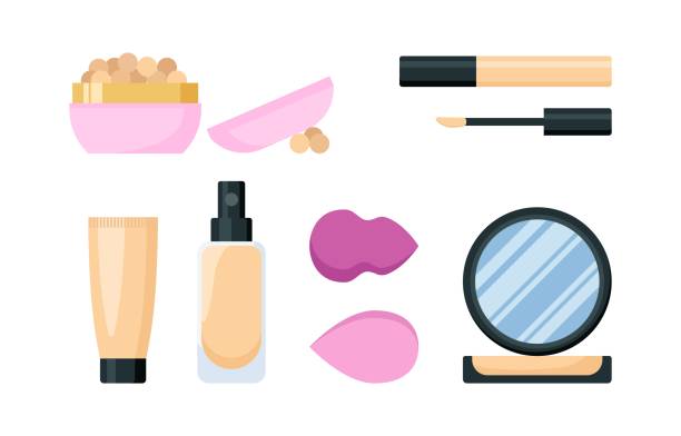 Make up foundation cream cosmetic set Make up foundation cream cosmetic set. Face tone products and accessories, eye concealer, blushes and powder in bright colors flat design. Isolated vector illustration. compact mirror stock illustrations
